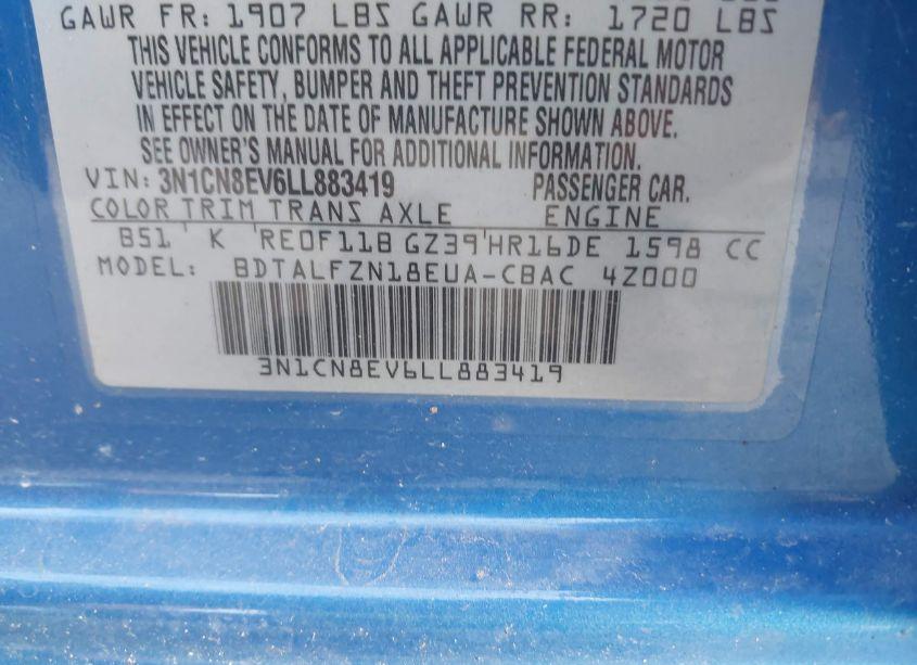 Photo 9 of 2020 Nissan Versa SV XTRONIC CVT (VIN 3N1CN8EV6LL883419)