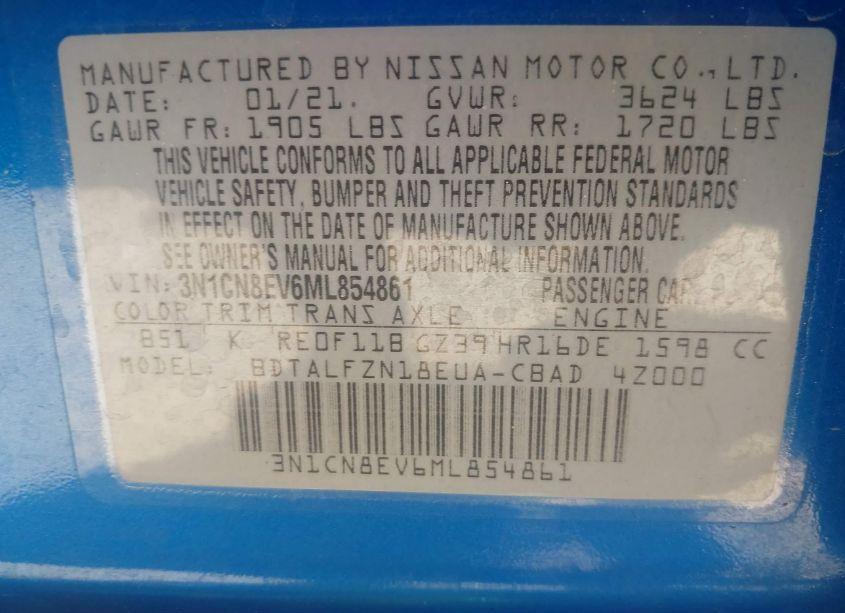 Photo 9 of 2021 Nissan Versa SV XTRONIC CVT (VIN 3N1CN8EV6ML854861)