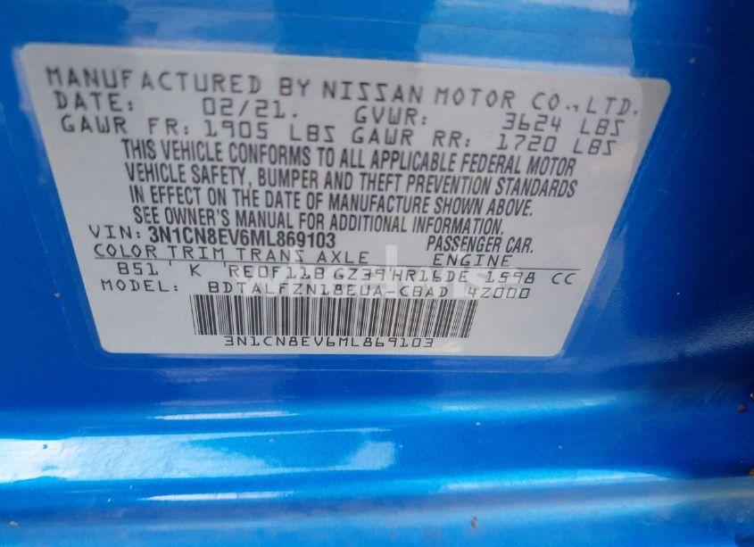 Photo 9 of 2021 Nissan Versa SV XTRONIC CVT (VIN 3N1CN8EV6ML869103)