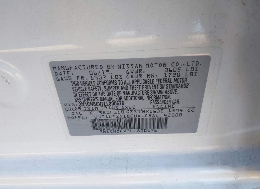 Photo 9 of 2020 Nissan Versa SV XTRONIC CVT (VIN 3N1CN8EV7LL800676)
