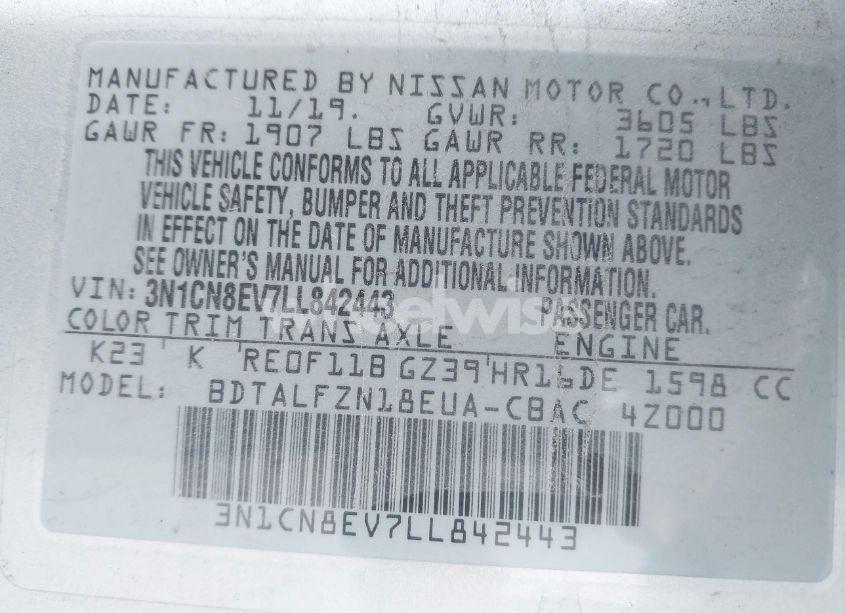 Photo 9 of 2020 Nissan Versa SV XTRONIC CVT (VIN 3N1CN8EV7LL842443)