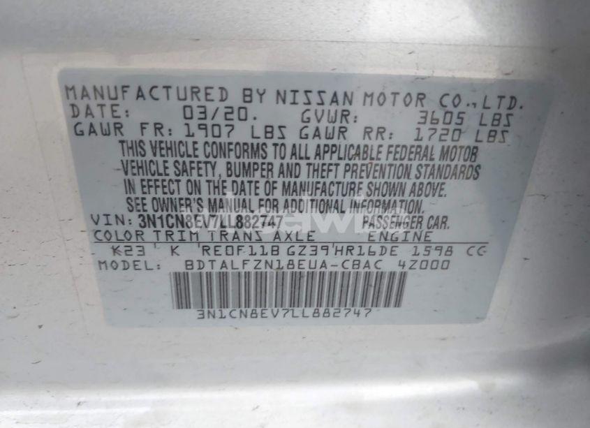Photo 9 of 2020 Nissan Versa SV XTRONIC CVT (VIN 3N1CN8EV7LL882747)