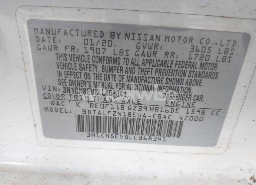 Photo 9 of 2020 Nissan Versa SV XTRONIC CVT (VIN 3N1CN8EV8LL868341)