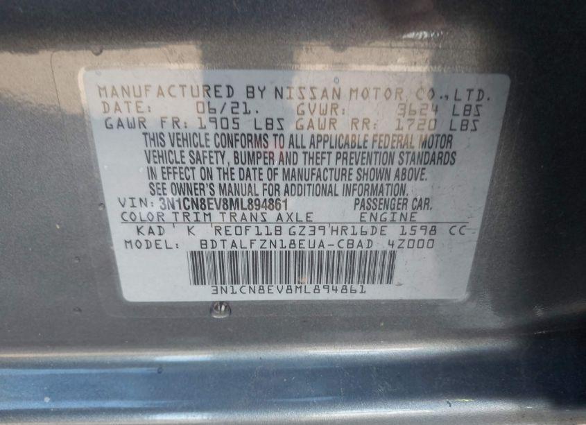 Photo 9 of 2021 Nissan Versa SV XTRONIC CVT (VIN 3N1CN8EV8ML894861)