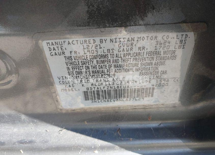 Photo 9 of 2022 Nissan Versa 1.6 SV XTRONIC CVT (VIN 3N1CN8EV8NL827629)