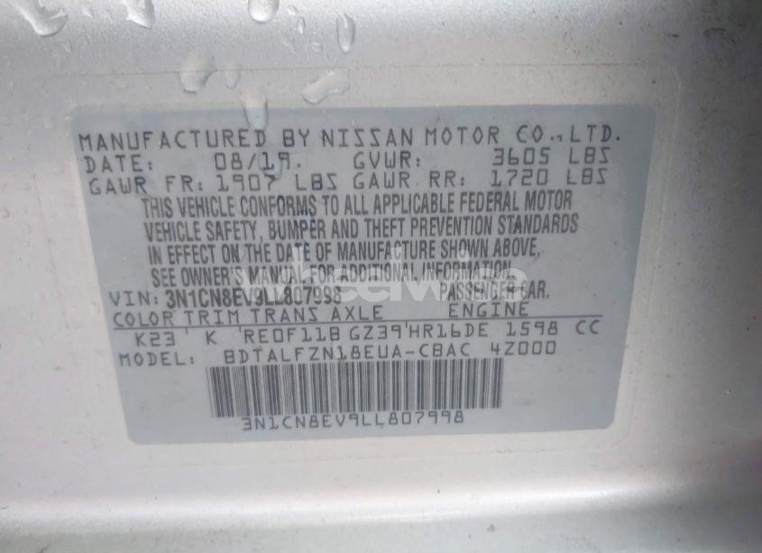 Photo 9 of 2020 Nissan Versa SV XTRONIC CVT (VIN 3N1CN8EV9LL807998)