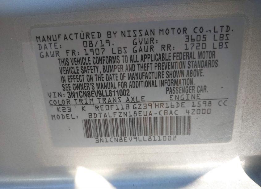 Photo 9 of 2020 Nissan Versa SV XTRONIC CVT (VIN 3N1CN8EV9LL811002)