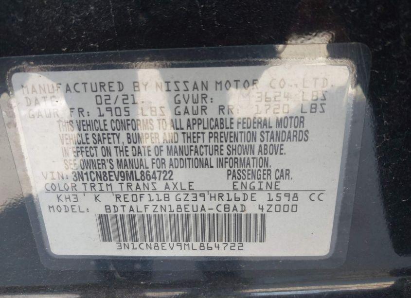 Photo 9 of 2021 Nissan Versa SV XTRONIC CVT (VIN 3N1CN8EV9ML864722)