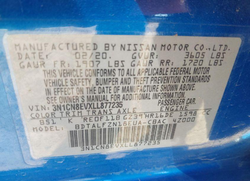 Photo 9 of 2020 Nissan Versa SV XTRONIC CVT (VIN 3N1CN8EVXLL877235)