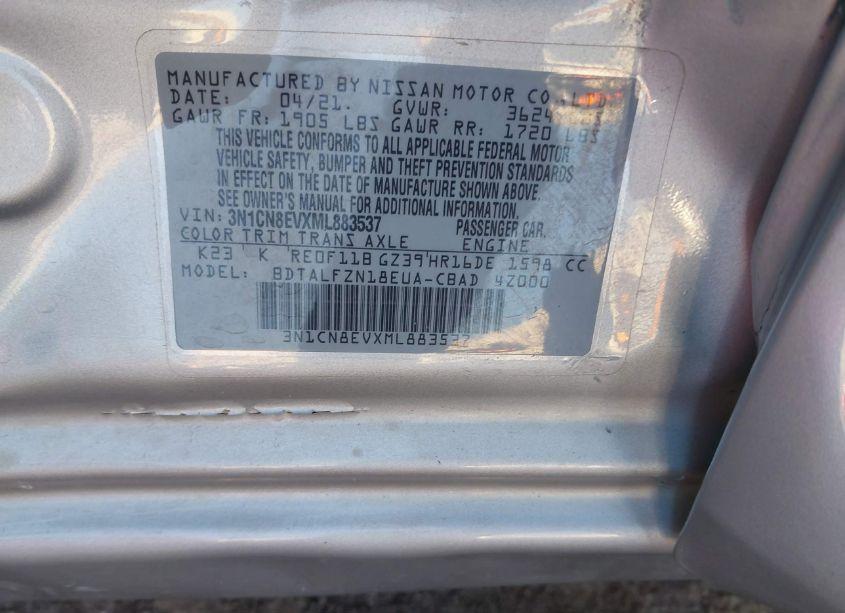 Photo 9 of 2021 Nissan Versa SV XTRONIC CVT (VIN 3N1CN8EVXML883537)