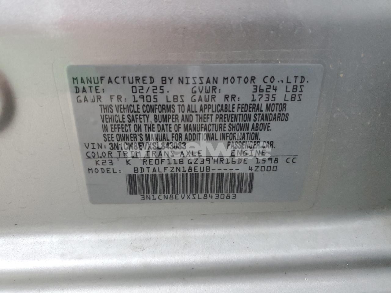 Photo 12 of 2025 NISSAN VERSA SV (VIN 3N1CN8EVXSL843083)