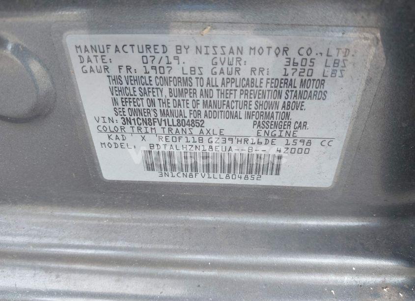 Photo 9 of 2020 Nissan Versa SR XTRONIC CVT (VIN 3N1CN8FV1LL804852)