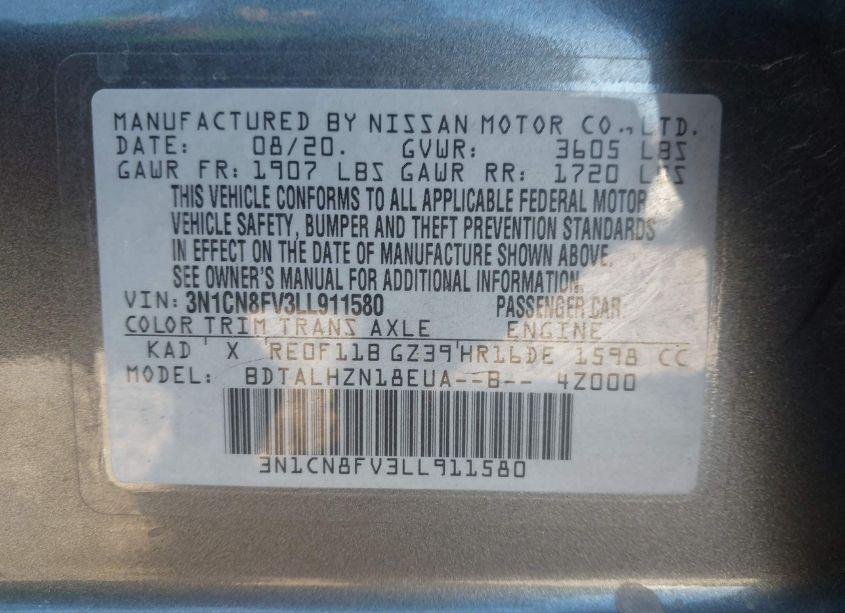 Photo 9 of 2020 Nissan Versa SR XTRONIC CVT (VIN 3N1CN8FV3LL911580)