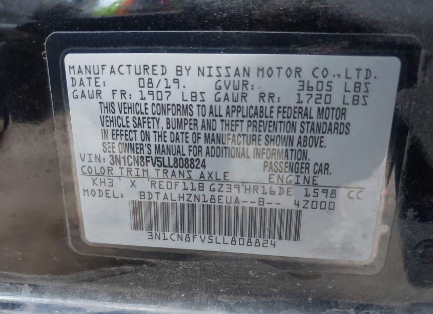 Photo 9 of 2020 Nissan Versa SR XTRONIC CVT (VIN 3N1CN8FV5LL808824)