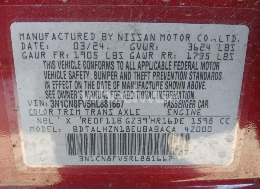 Photo 9 of 2024 Nissan Versa 1.6 SR (VIN 3N1CN8FV5RL881667)