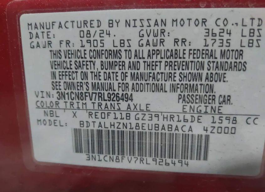 Photo 9 of 2024 Nissan Versa 1.6 SR (VIN 3N1CN8FV7RL926494)