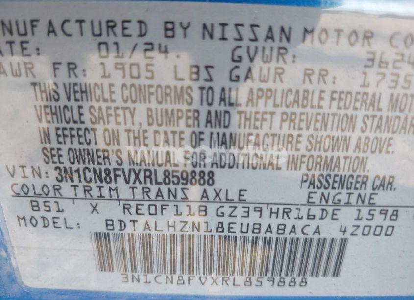 Photo 9 of 2024 Nissan Versa 1.6 SR (VIN 3N1CN8FVXRL859888)