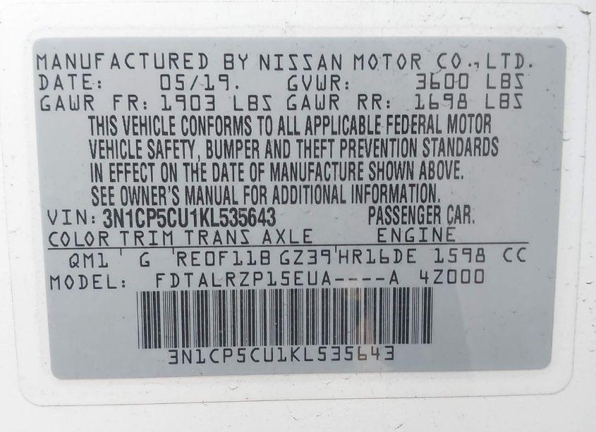 Photo 9 of 2019 Nissan Kicks S (VIN 3N1CP5CU1KL535643)