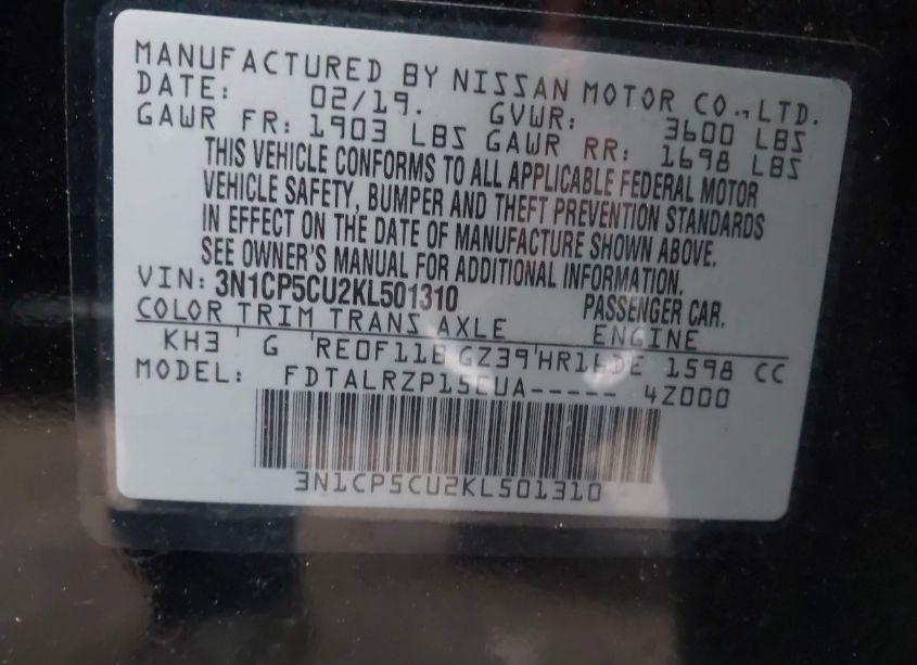 Photo 9 of 2019 Nissan Kicks S (VIN 3N1CP5CU2KL501310)