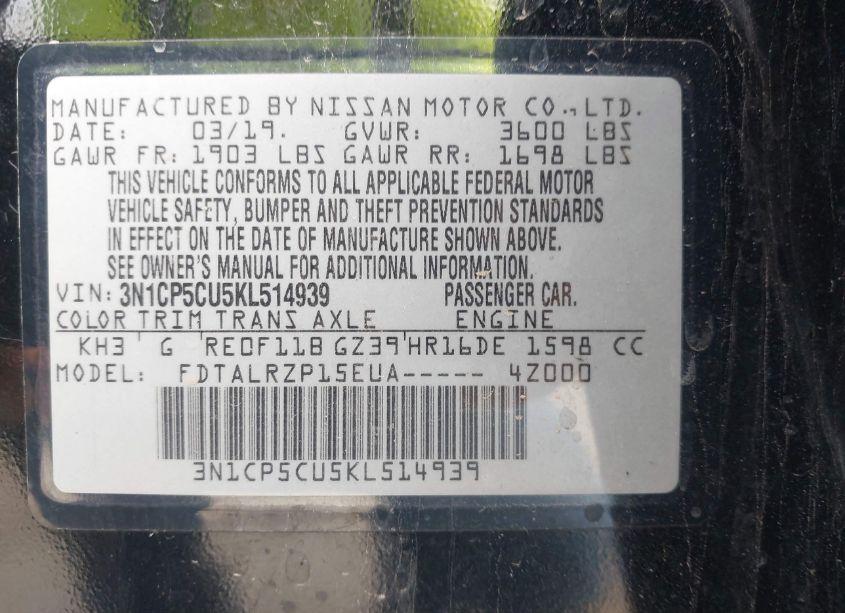 Photo 9 of 2019 Nissan Kicks S (VIN 3N1CP5CU5KL514939)