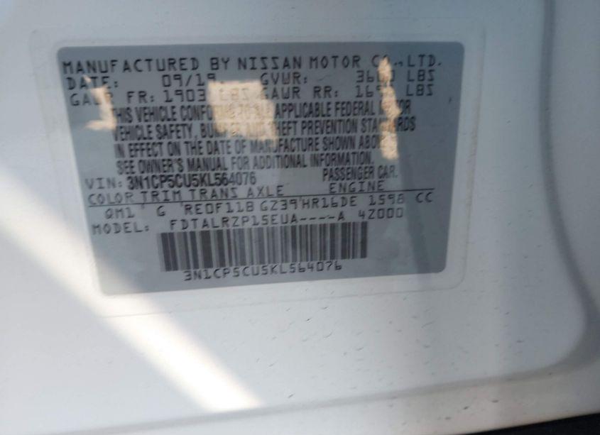 Photo 9 of 2019 Nissan Kicks S (VIN 3N1CP5CU5KL564076)