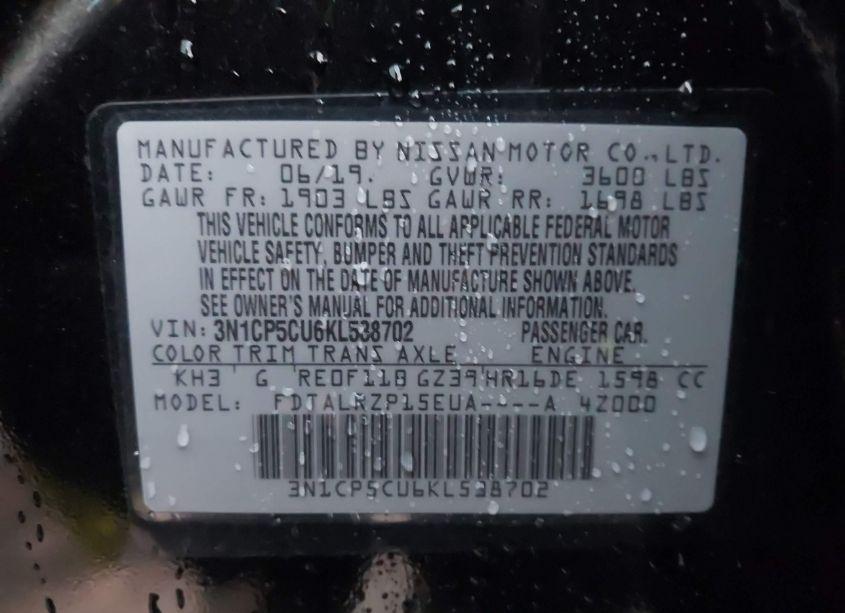 Photo 9 of 2019 Nissan Kicks S (VIN 3N1CP5CU6KL538702)