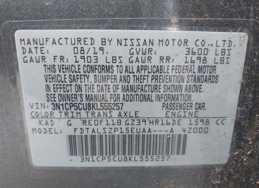 Photo 9 of 2019 Nissan Kicks SV (VIN 3N1CP5CU8KL555257)