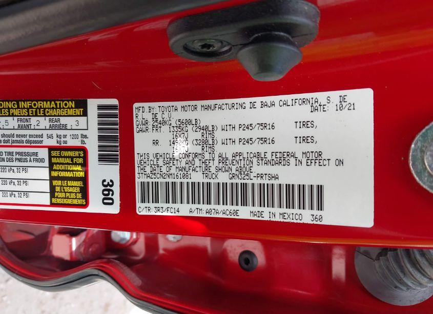 Photo 9 of 2022 Toyota Tacoma SR5 V6 (VIN 3TMAZ5CN2NM161081)