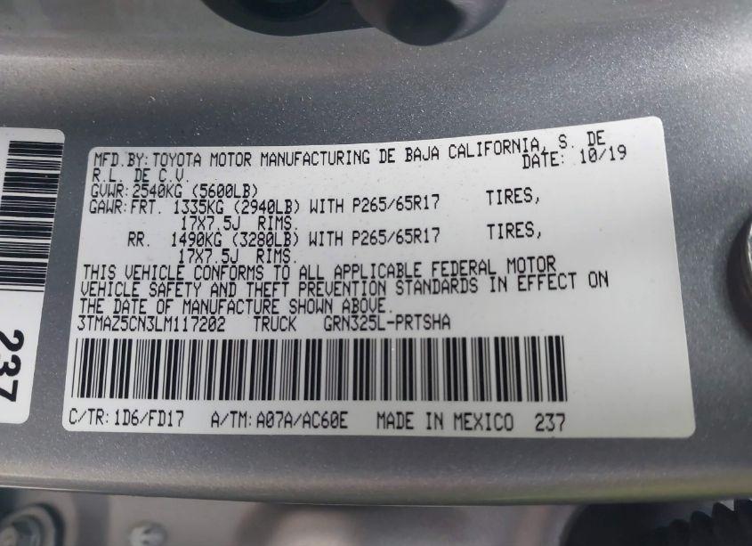 Photo 9 of 2020 Toyota Tacoma TRD SPORT (VIN 3TMAZ5CN3LM117202)