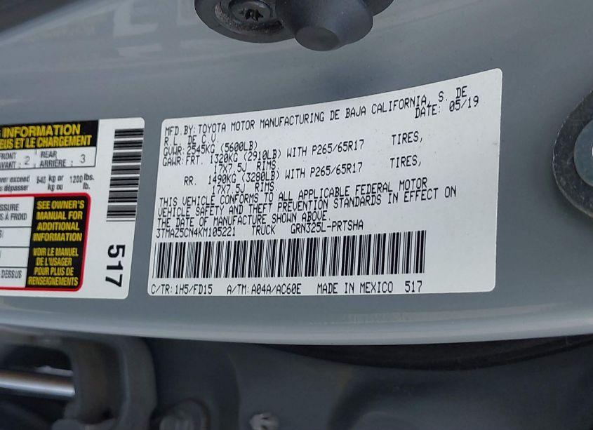 Photo 9 of 2019 Toyota Tacoma TRD SPORT (VIN 3TMAZ5CN4KM105221)