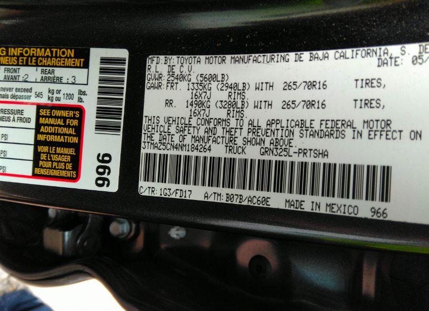 Photo 9 of 2022 Toyota Tacoma TRD OFF ROAD (VIN 3TMAZ5CN4NM184264)