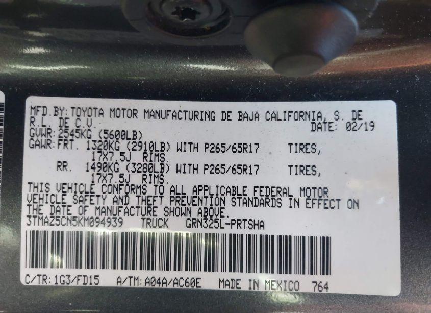 Photo 9 of 2019 Toyota Tacoma TRD SPORT (VIN 3TMAZ5CN5KM094939)