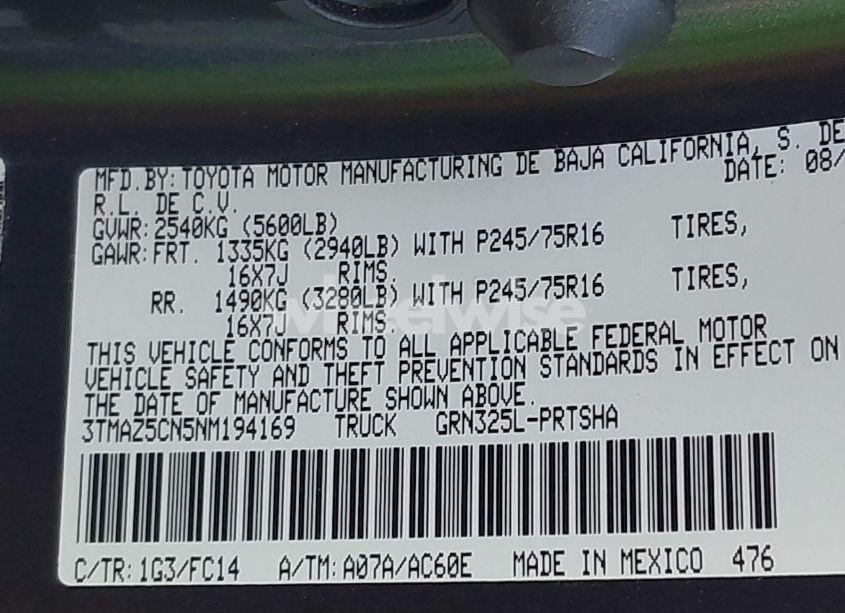 Photo 9 of 2022 Toyota Tacoma SR5 V6 (VIN 3TMAZ5CN5NM194169)