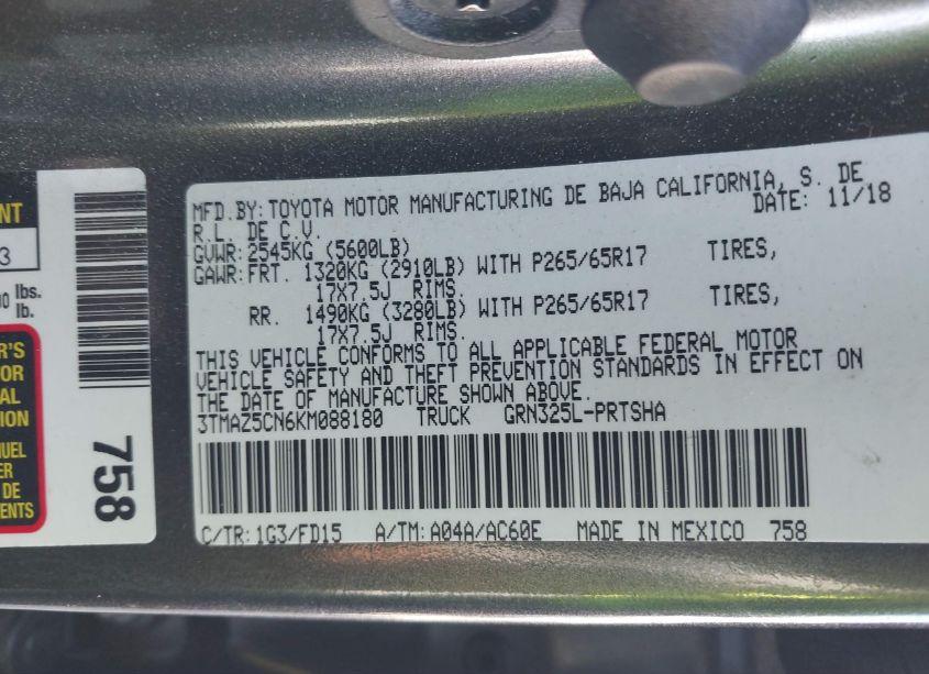 Photo 9 of 2019 Toyota Tacoma TRD SPORT (VIN 3TMAZ5CN6KM088180)
