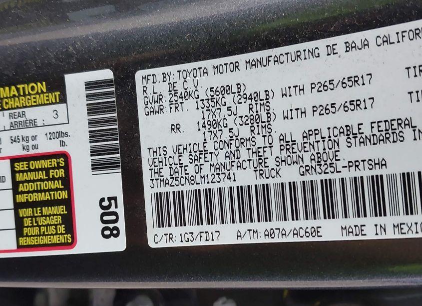 Photo 9 of 2020 Toyota Tacoma TRD SPORT (VIN 3TMAZ5CN8LM123741)