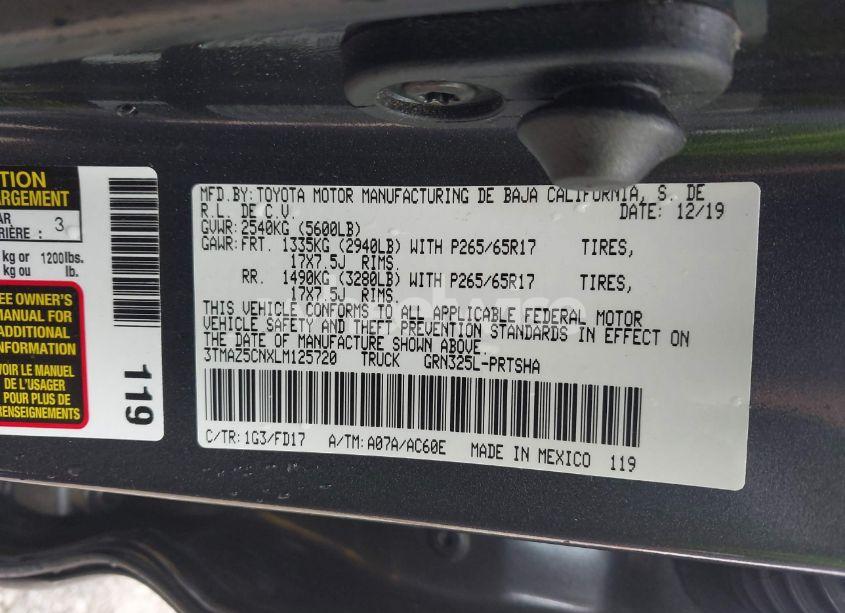 Photo 9 of 2020 Toyota Tacoma TRD SPORT (VIN 3TMAZ5CNXLM125720)