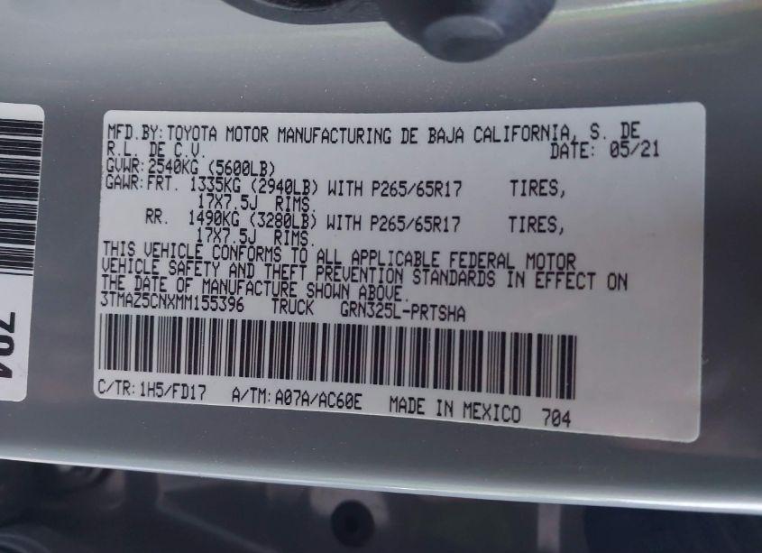 Photo 9 of 2021 Toyota Tacoma TRD SPORT (VIN 3TMAZ5CNXMM155396)