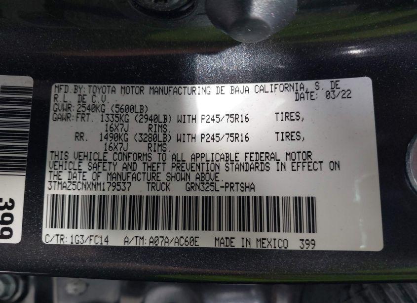 Photo 9 of 2022 Toyota Tacoma 2WD SR5 (VIN 3TMAZ5CNXNM179537)