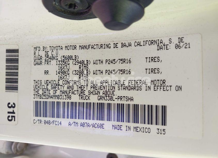 Photo 9 of 2021 Toyota Tacoma SR5 V6 (VIN 3TMBZ5DN4MM031398)