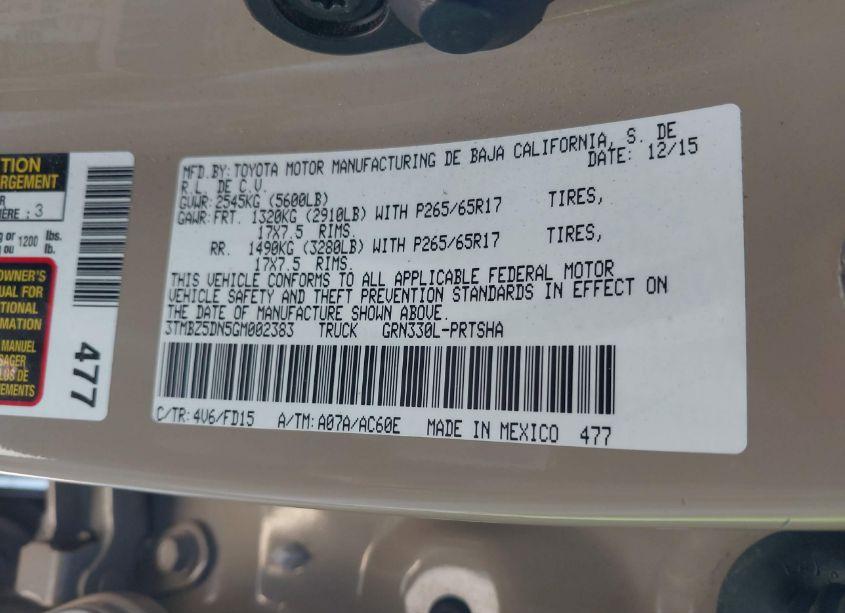Photo 9 of 2016 Toyota Tacoma TRD SPORT (VIN 3TMBZ5DN5GM002383)
