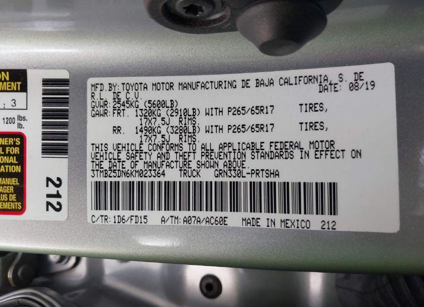 Photo 9 of 2019 Toyota Tacoma TRD SPORT (VIN 3TMBZ5DN6KM023364)