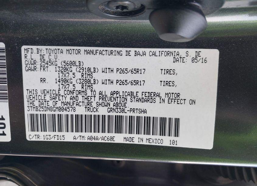 Photo 9 of 2016 Toyota Tacoma TRD SPORT (VIN 3TMBZ5DN8GM004578)