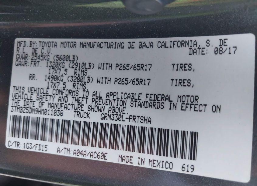 Photo 9 of 2017 Toyota Tacoma TRD SPORT (VIN 3TMBZ5DN9HM011038)