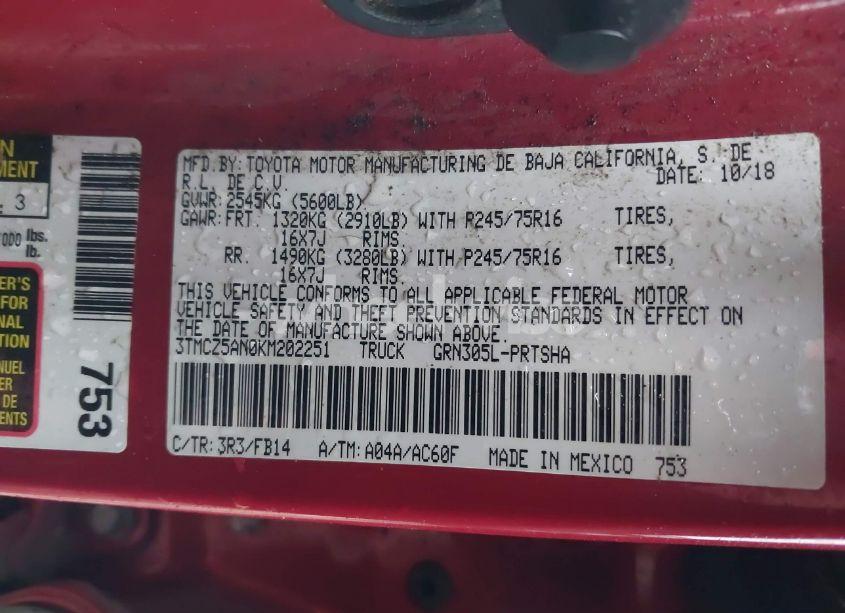 Photo 9 of 2019 Toyota Tacoma SR V6 (VIN 3TMCZ5AN0KM202251)