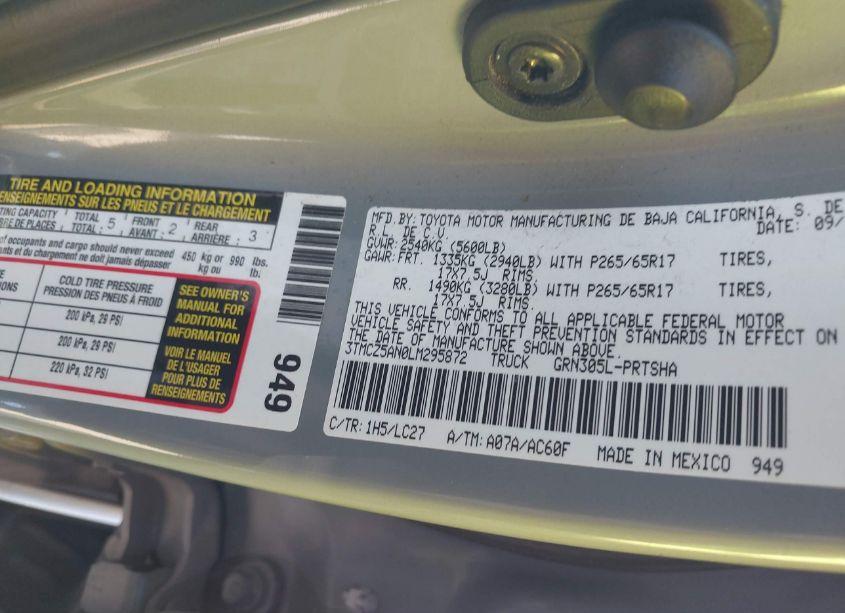 Photo 9 of 2020 Toyota Tacoma TRD SPORT (VIN 3TMCZ5AN0LM295872)