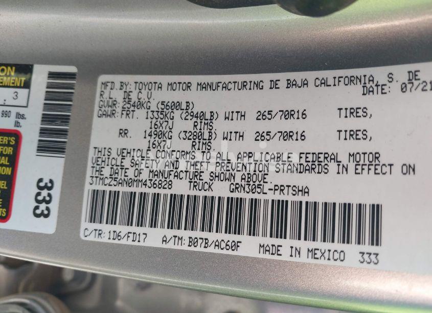Photo 9 of 2021 Toyota Tacoma TRD OFF-ROAD (VIN 3TMCZ5AN0MM436828)