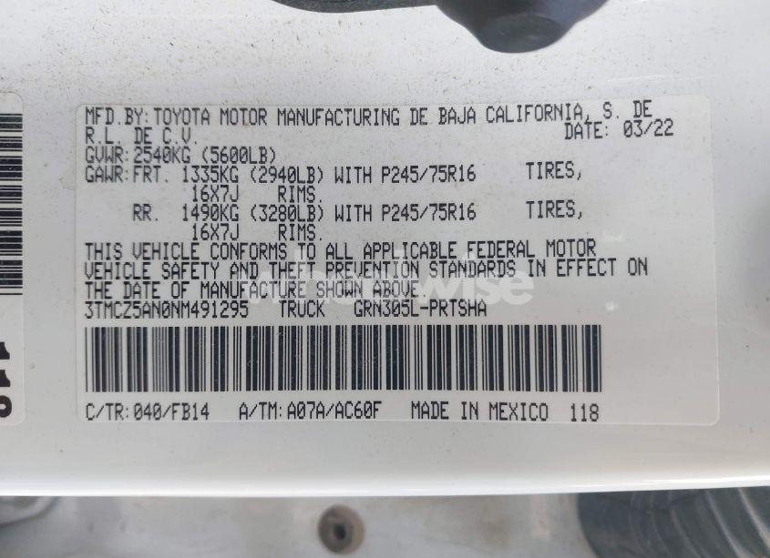 Photo 9 of 2022 Toyota Tacoma SR V6 (VIN 3TMCZ5AN0NM491295)
