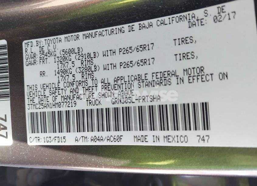 Photo 9 of 2017 Toyota Tacoma TRD SPORT (VIN 3TMCZ5AN1HM077219)