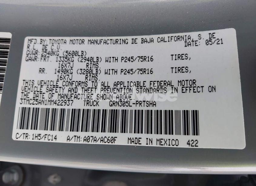 Photo 9 of 2021 Toyota Tacoma SR5 V6 (VIN 3TMCZ5AN1MM422937)