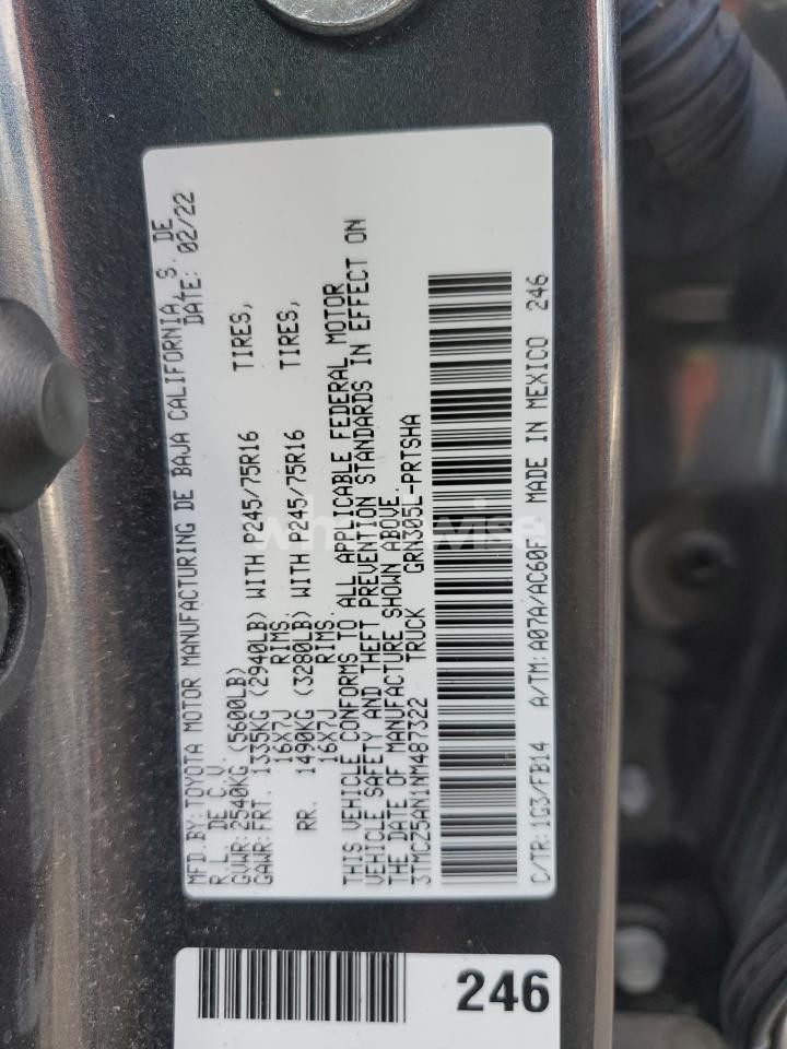 Photo 12 of 2022 TOYOTA TACOMA DOUBLE CAB (VIN 3TMCZ5AN1NM487322)